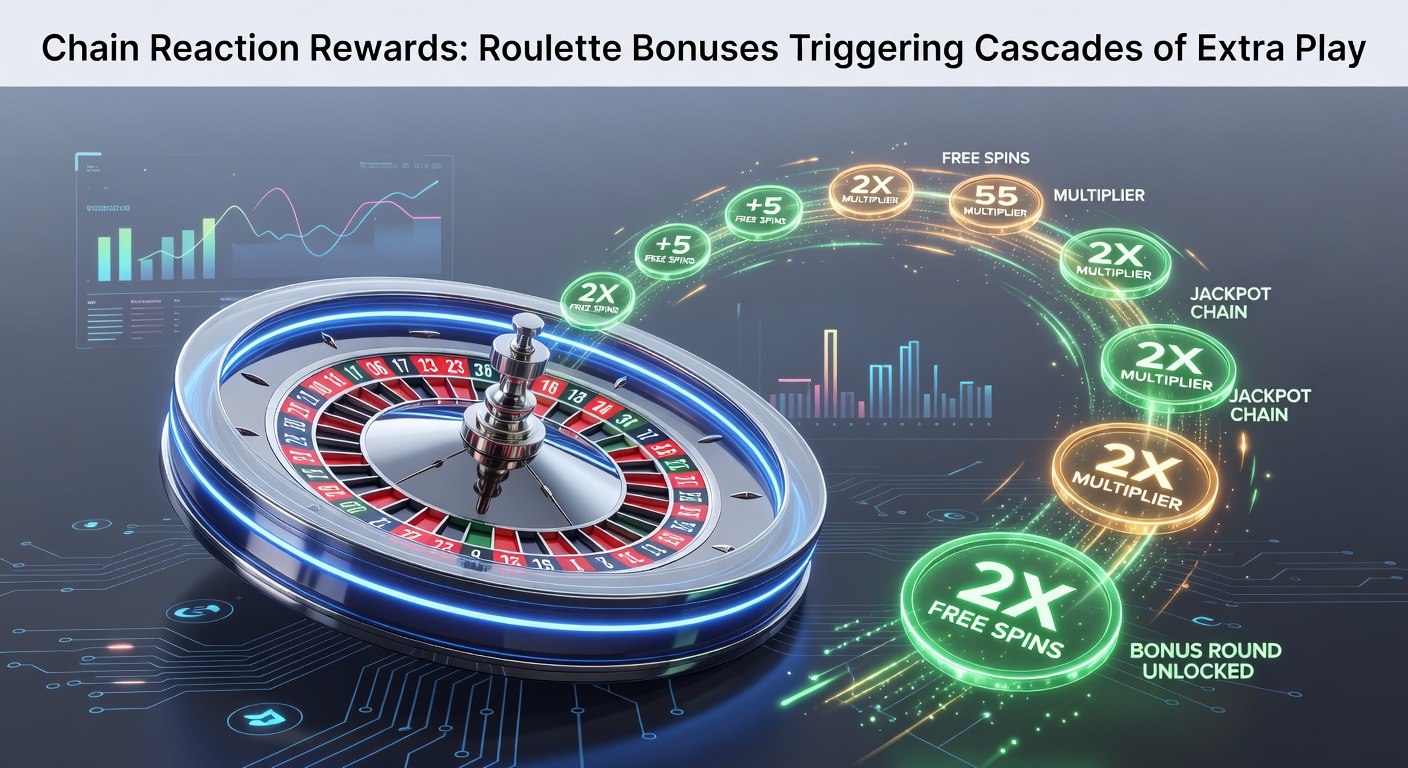 Digital roulette wheel spinning with glowing bonus chains linking multiple rewards, illustrating cascading triggers in action