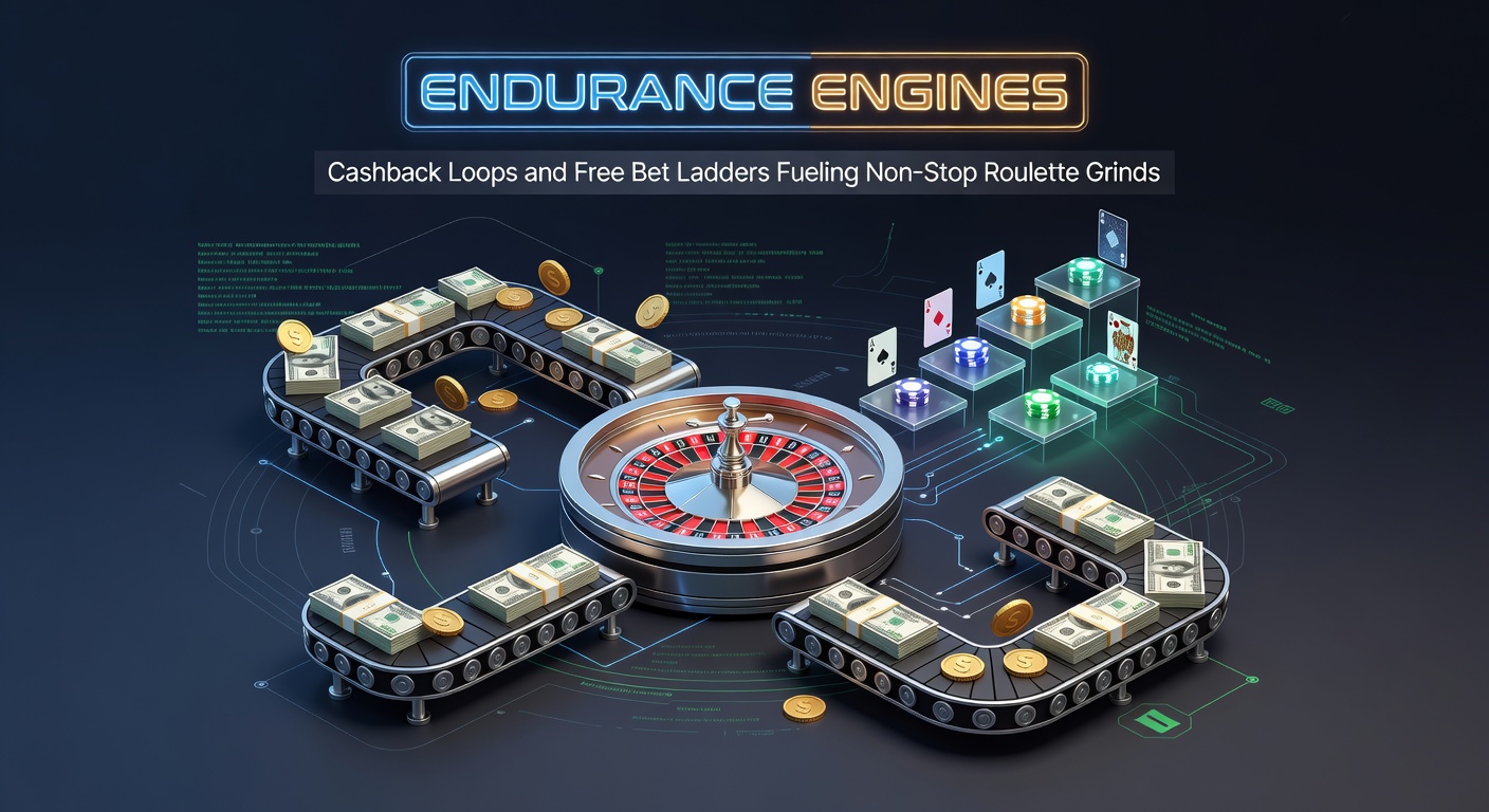 Dynamic graphic showing interlocking cashback loops and ascending free bet ladders driving continuous roulette spins on a vibrant casino interface