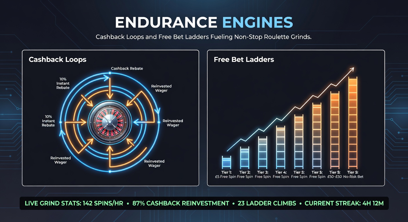 Infographic depicting a roulette wheel integrated with cashback cycles and ladder ascents, highlighting extended play metrics