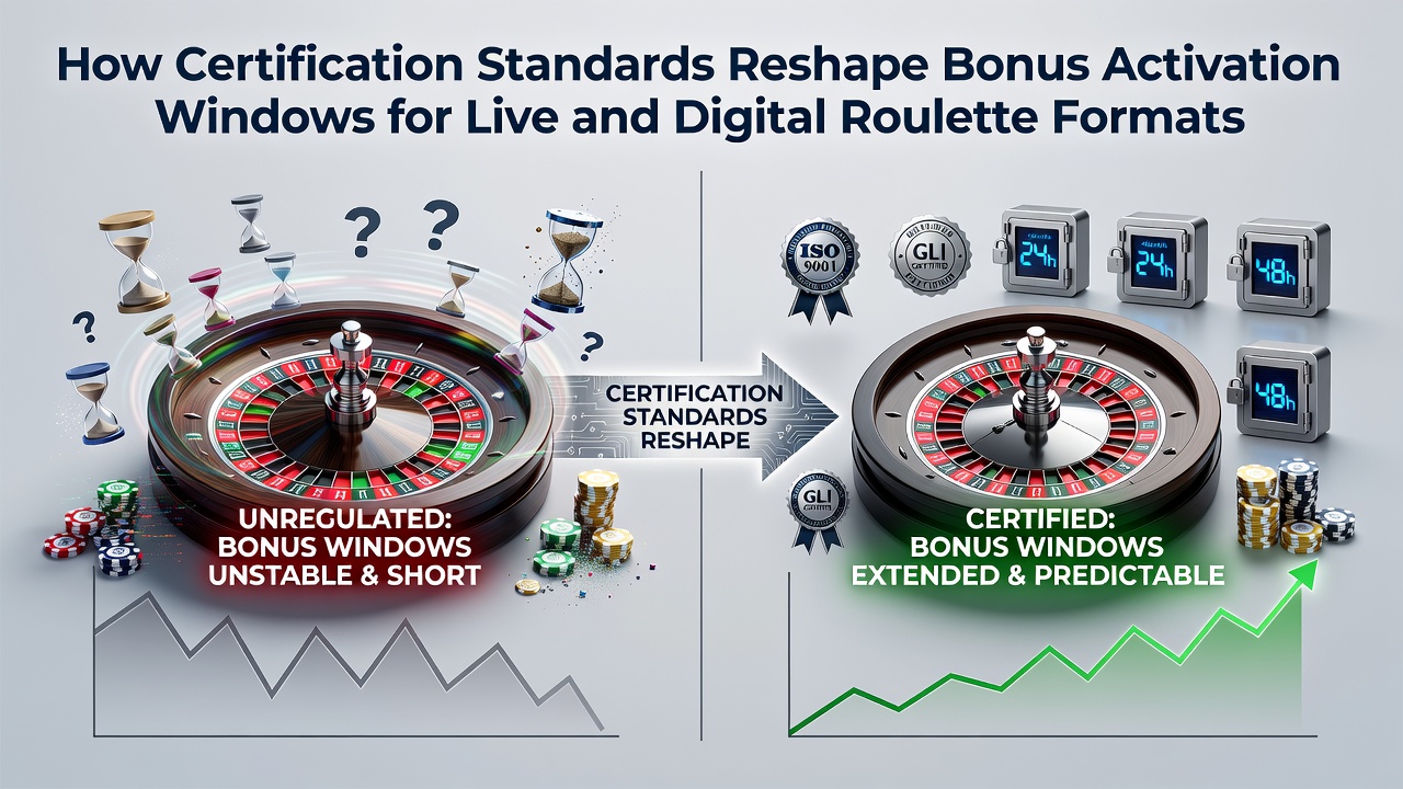 Certification documents and roulette interface side by side illustrating standard compliance checks
