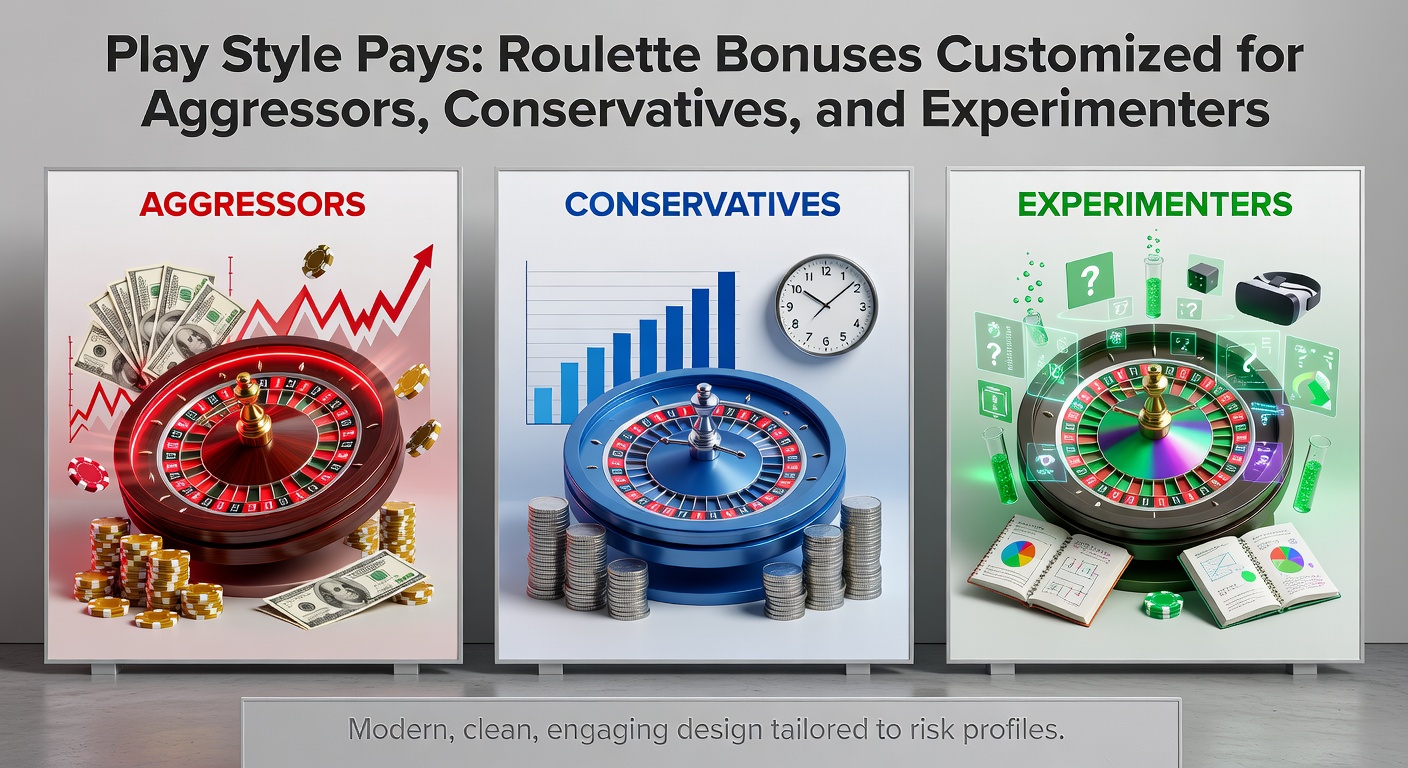 Split-screen graphic contrasting aggressive high-stack bets on a spinning roulette wheel, conservative even-money layouts, and experimental multi-wheel strategies with bonus icons overlayed