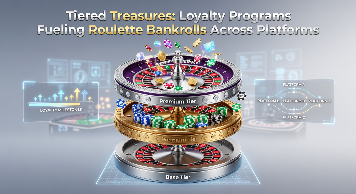 Graphic showing tiered loyalty pyramid with roulette wheel at the top, symbols of coins and chips cascading down levels from bronze to diamond
