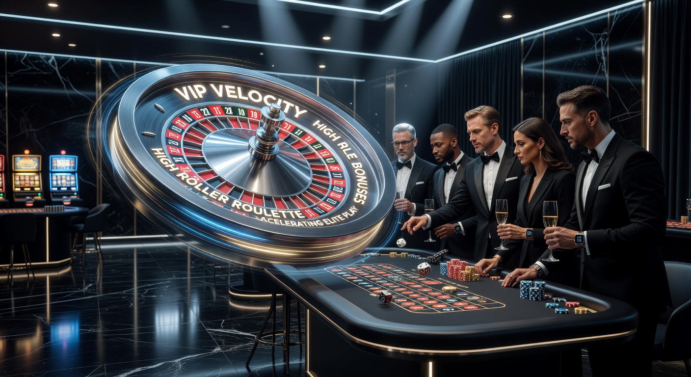 Vibrant roulette wheel spinning under casino lights, surrounded by stacks of high-value chips and VIP lounge elements