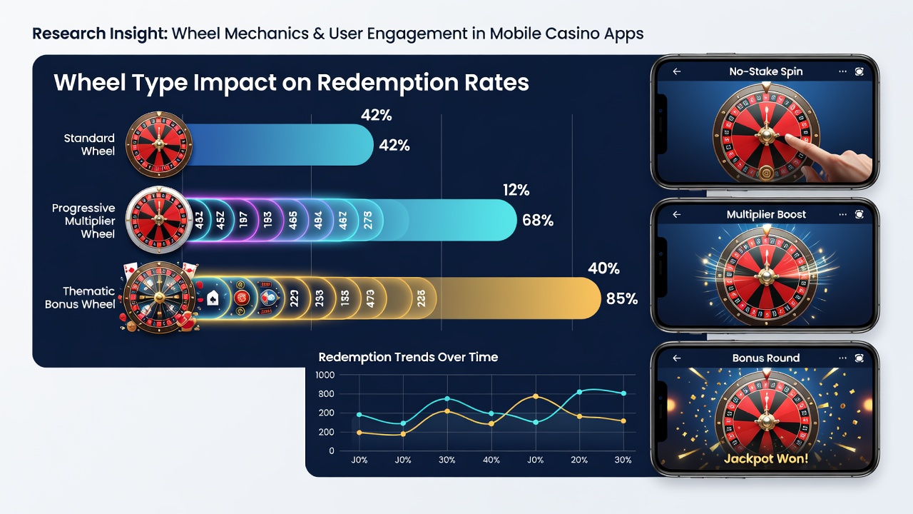 Close-up of mobile app dashboard showing redemption rate statistics alongside different roulette wheel variants