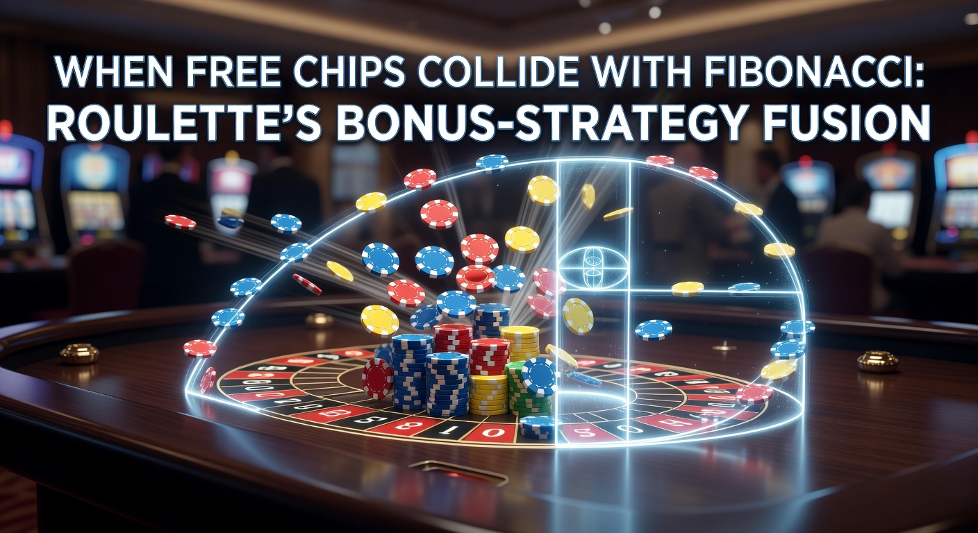 Illustration of Fibonacci sequence overlaid on a roulette wheel with free chip icons scattering across red and black betting areas