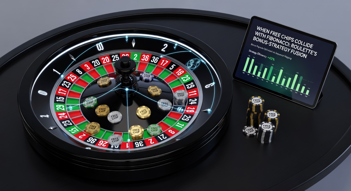 Close-up of a digital roulette table displaying a Fibonacci bet progression alongside a stack of glowing free chips, with multipliers activating on a winning even-money bet